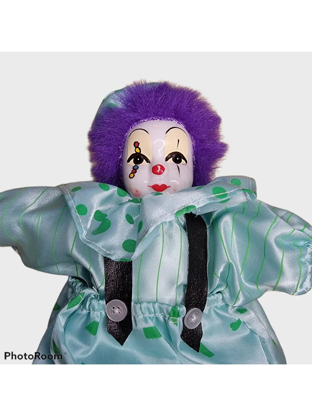 Vintage Porcelain Clown Doll with Purple Hair and Polka Dot Outfit